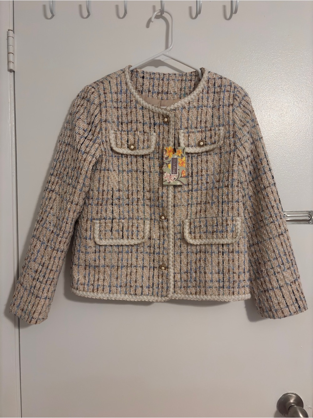 Textured Tweed Button-Up Jacket in Beige and Blue